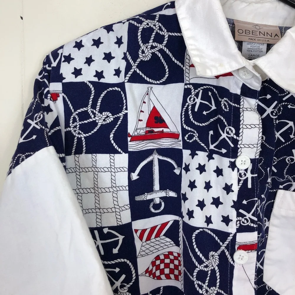 Vintage Nautical Print Button Down Crop Top Sz L - Picture 4 of 9